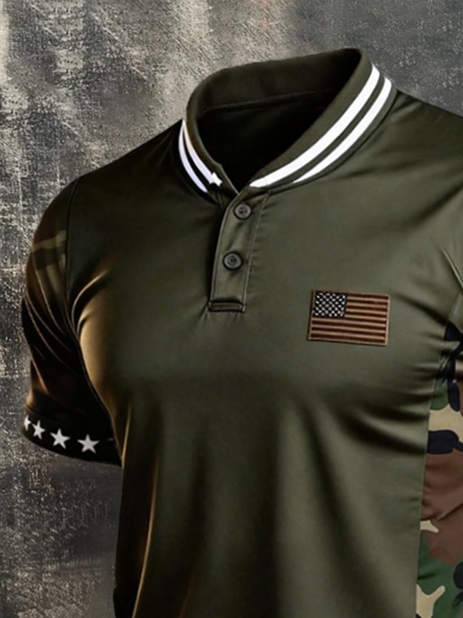 Men's Retro Patriotic Color-Block Short-Sleeve Henley T-Shirt