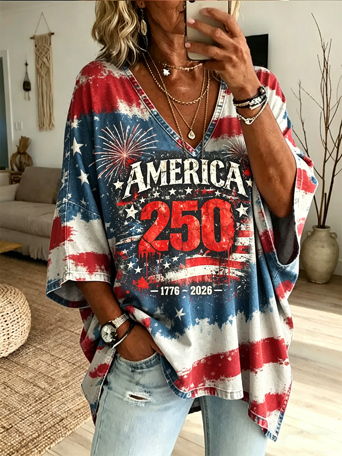 Women'S America 1776-2026 Firework Flag Oversized V-Neck Blouse