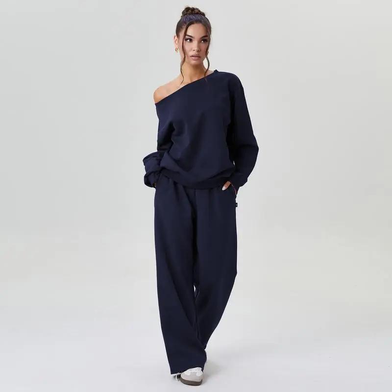 🔥8-PACKS 🔥Women's Leisure Solid Color Sloping Shoulder Long Sleeve Top & Wide Leg Trousers