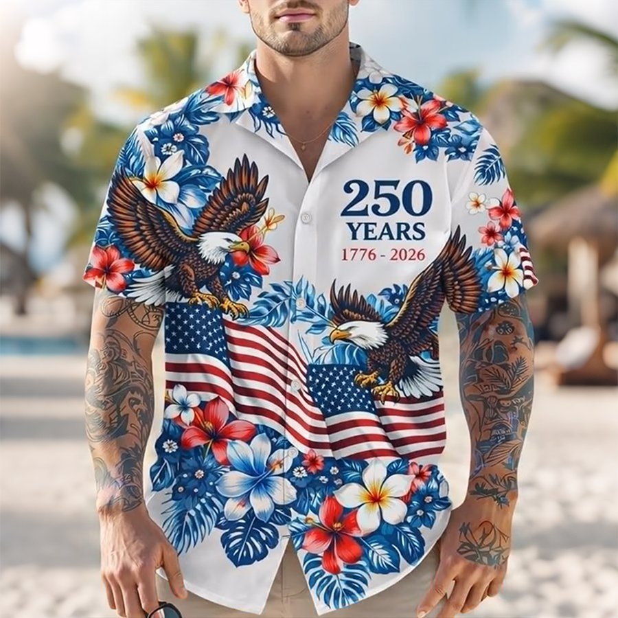 Men'S Casual American Eagle Flower Flag Art Printed Shirt