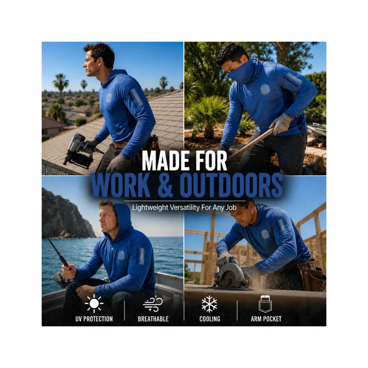 Men's UPF 50+ Sun Hoodie – Long Sleeve with Face Mask, Arm Pocket & Thumbholes, Lightweight Breathable Activewear