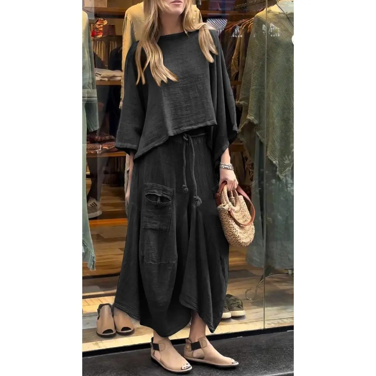 Women’s 2-Piece Loose Vintage-Style Batwing Sleeve Skirt Set