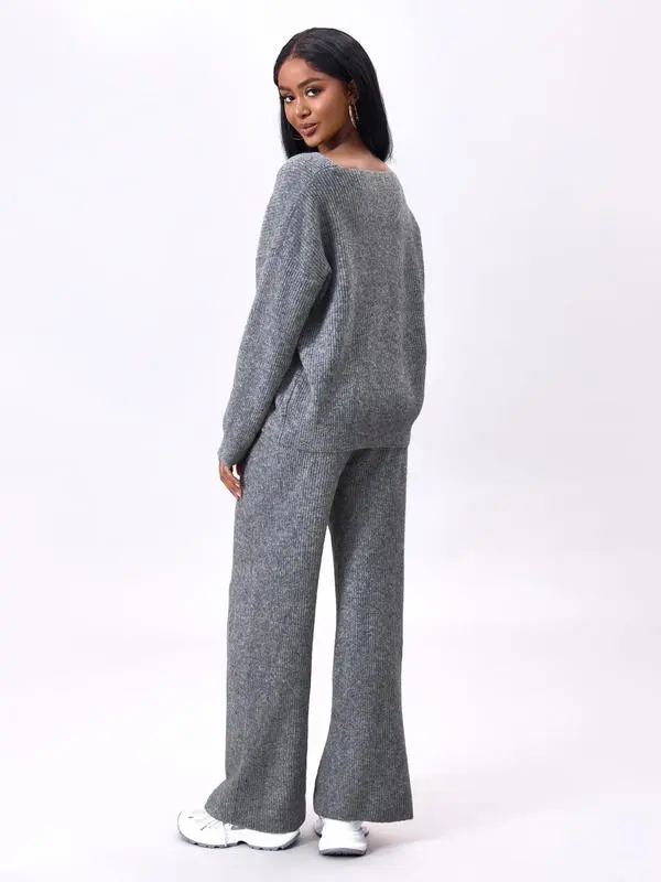 Two-piece Set Women's Solid Color Drop Shoulder Sweater & Pants