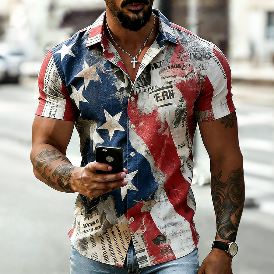 Men's Retro Art American 250th Anniversary Cotton Linen Short-Sleeve Shirt