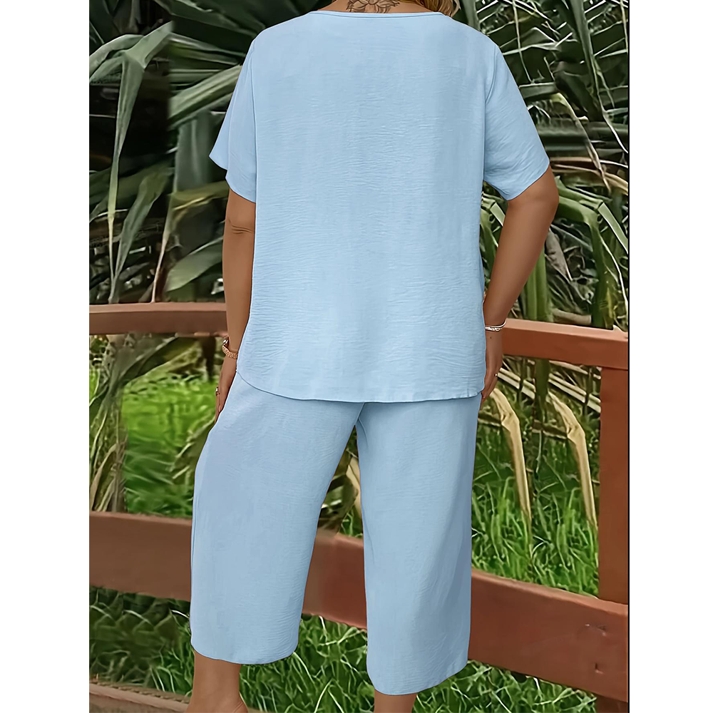 Women's Solid Short Sleeve Top & Loose Wide Leg Pants 2-Piece Set