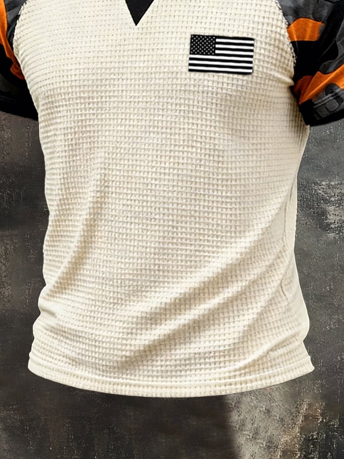 Men's Retro Camouflage Patchwork Waffle Knit Short-Sleeve T-Shirt