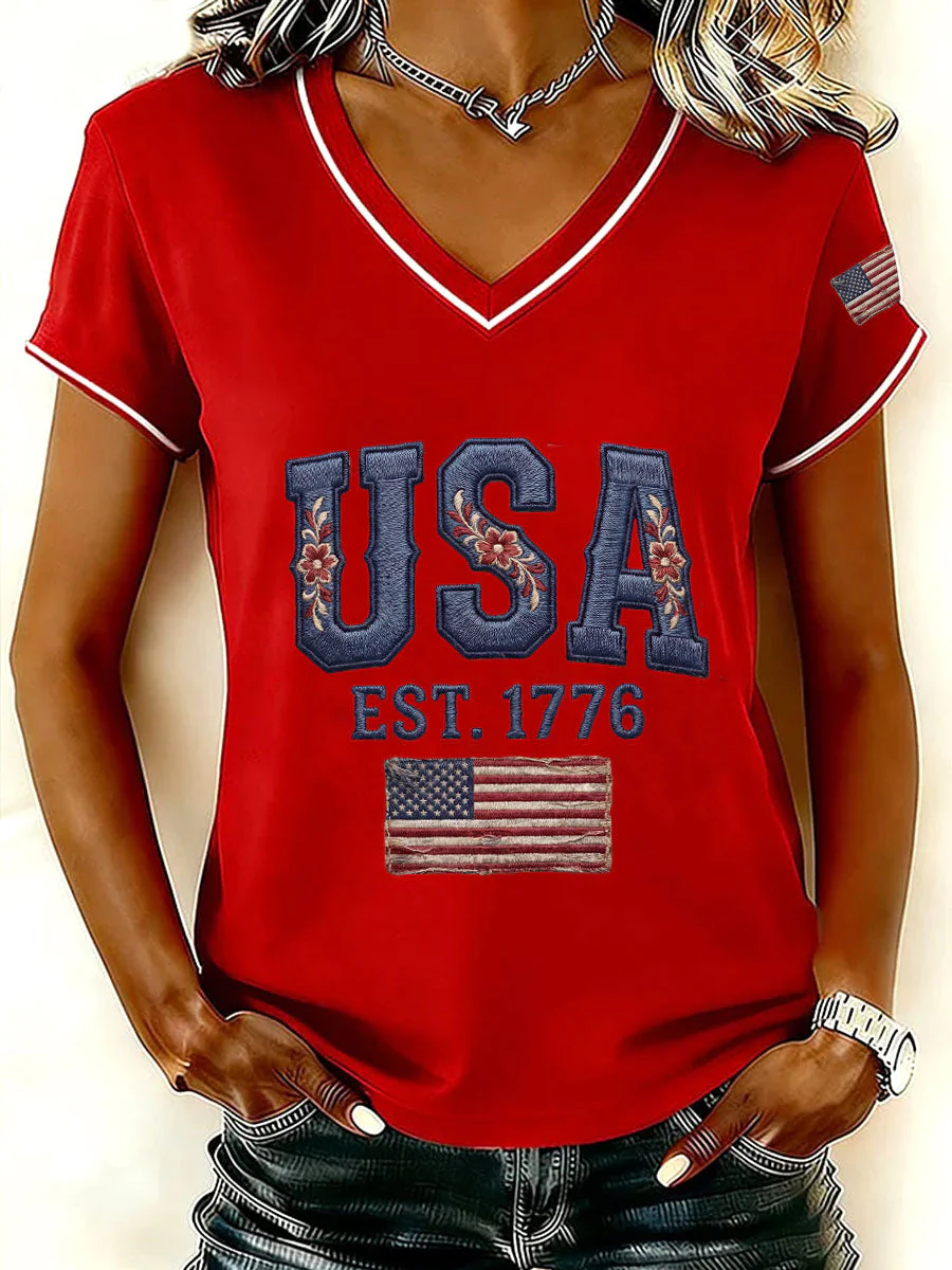 Floral Embroidery USA Flag Patch Retro V-Neck T-Shirt