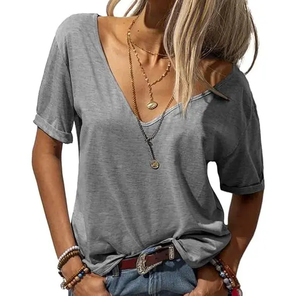 Women's Fashion Deep V-Neck Short Sleeve Tops Solid Casual Loose Basic T Shirt