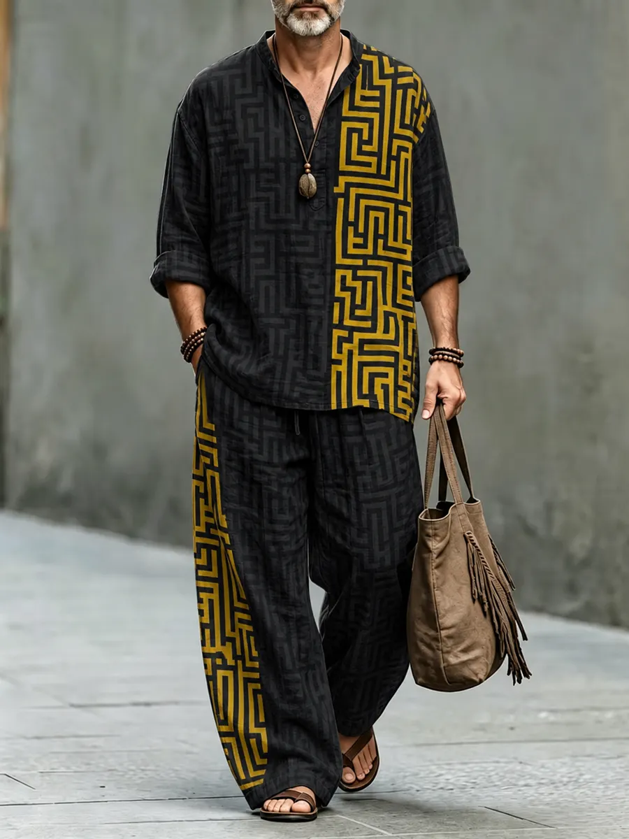 Men's Abstract Geometric Art Print Two-Piece Casual Set