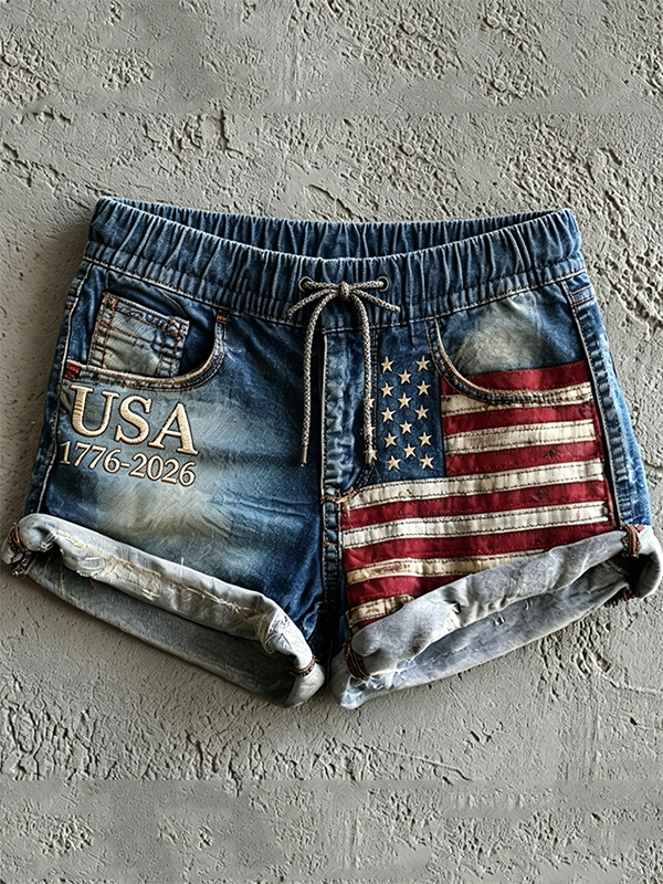 Women's USA 1776-2026 American Flag Patch Art Print Casual Shorts