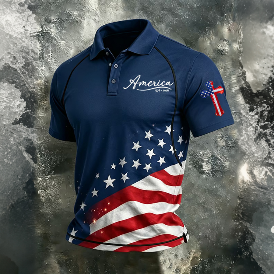 Men'S Retro 1776-2026 American Founding Celebration Printed Shoulder Collar Polo Shirt