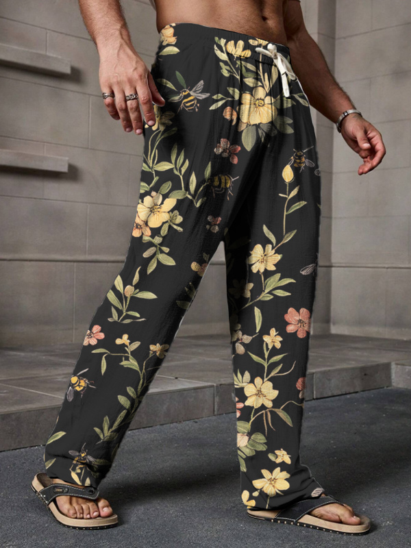 Men's Bees And Flowers Print Casual Pants