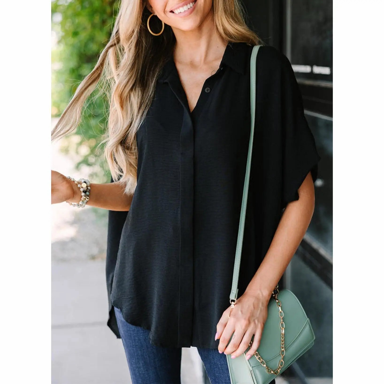 Women's Tops Dressy Casual V Neck Button Down Shirts Solid Short Sleeve Blouses
