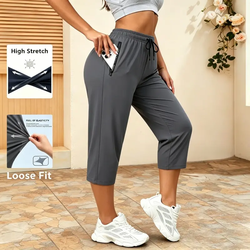 Last Chance Special! 8 Pieces for $24.9, Today Only! Women's Summer Casual Capris – Drawstring Waist with Zippered Pockets, Quick-Dry Athletic Pants for Running & Outdoor Sports