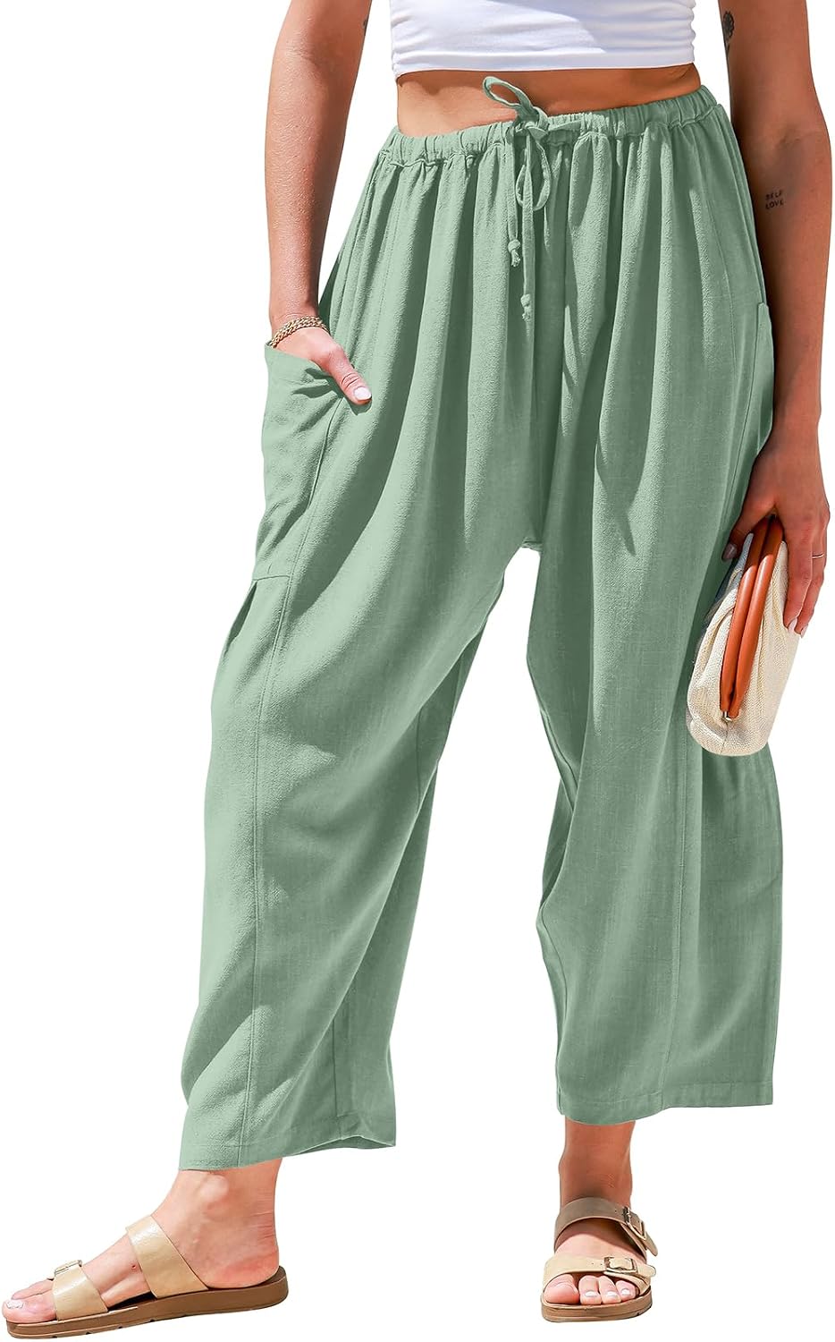 Womens Linen Wide Leg Pants Casual Loose Drawstring Summer Beach Travel Vacation Palazzo Harem Pants with Pockets