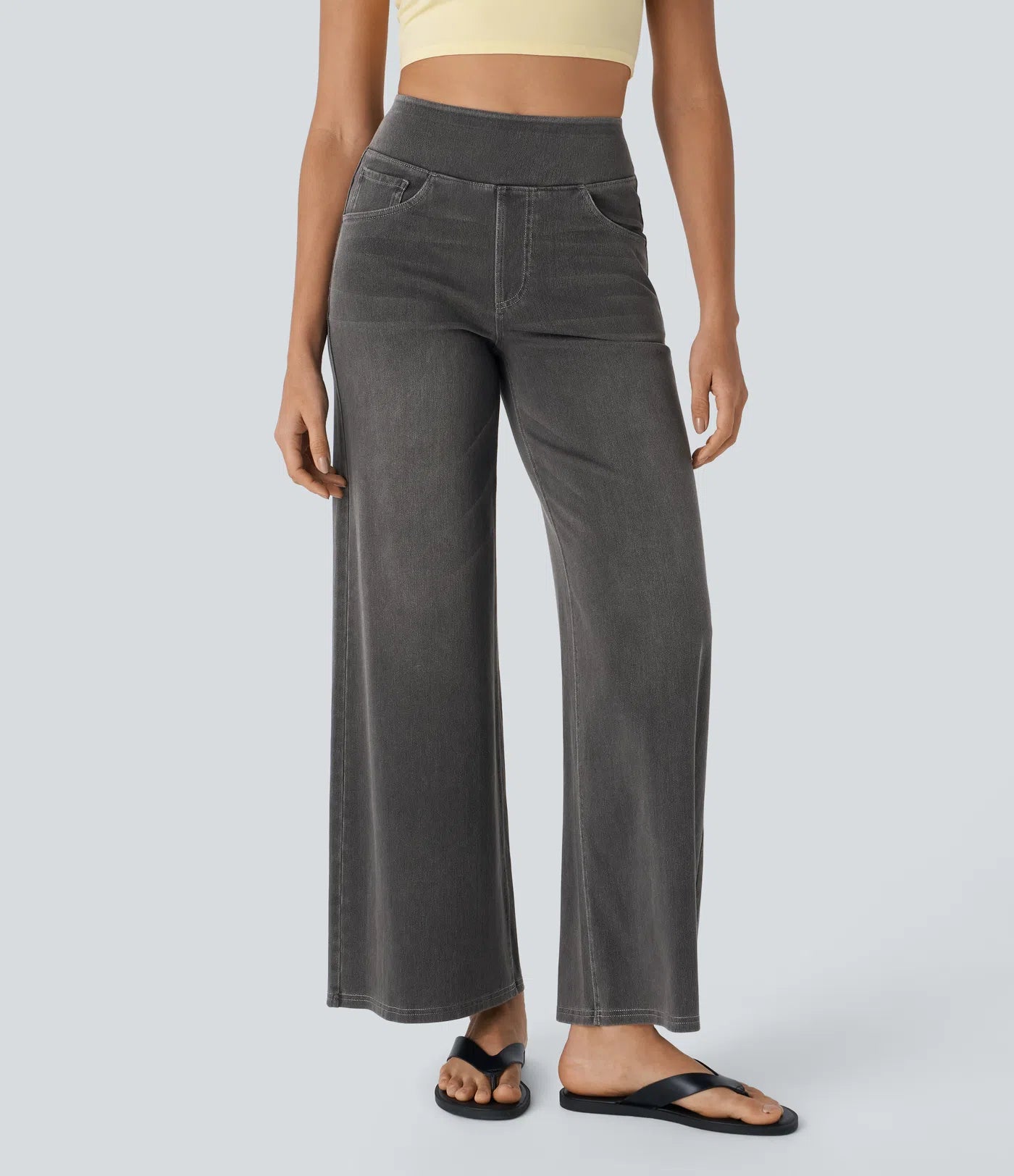 High Waisted Pockets Baggy Wide Leg Washed Casual Jeans