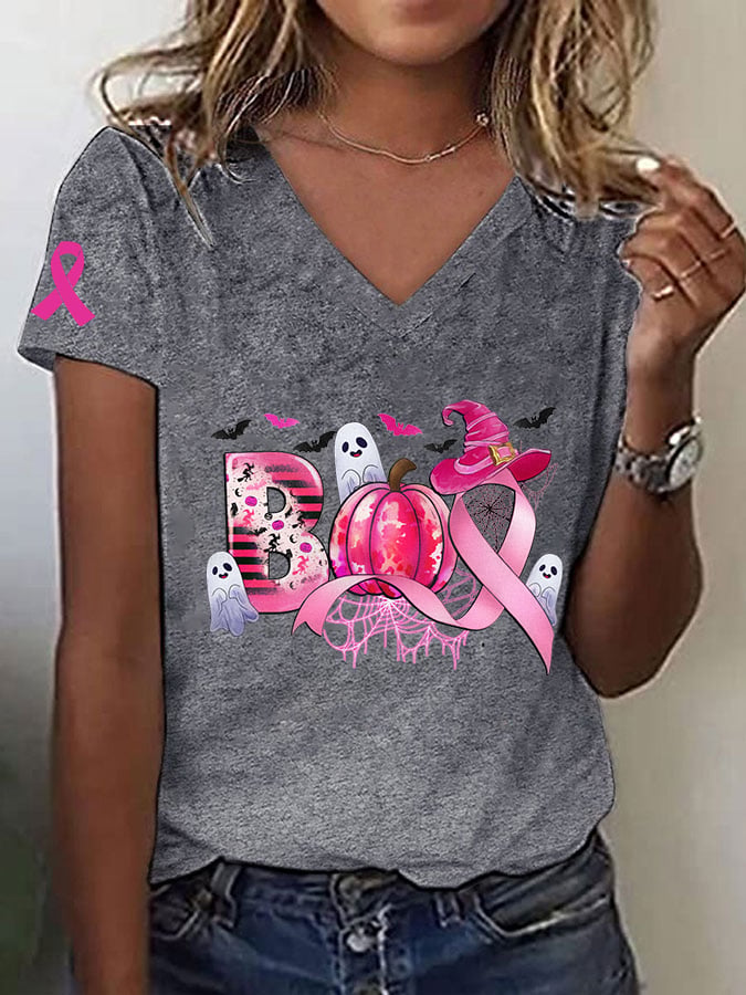 Women's Breast Cancer Awareness Boo Scale Away Breast Cancer Pink Ribbon Pumpkin Ghost Print T-Shirt