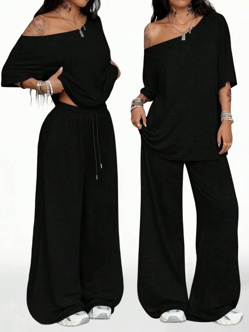 Women's Casual Solid Color Two-Piece Set – Slant Neck Wide Leg Pant Suit