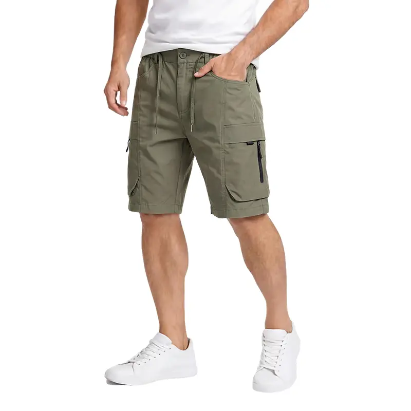 men’s casual cargo shorts with zippered pockets and a buttoned placket