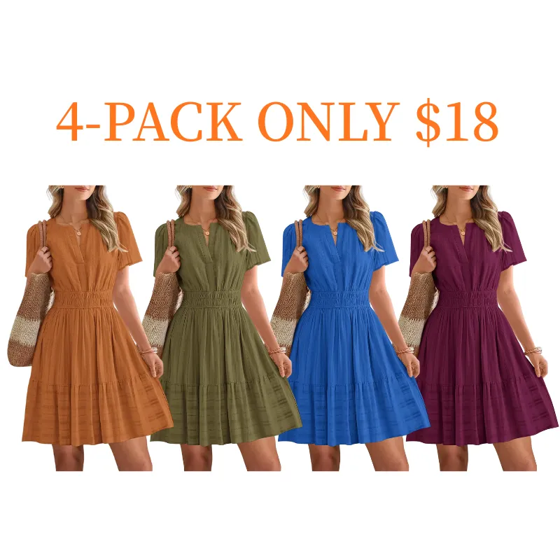 8-pack $24🔥Women's V-Neck Elastic Waist Mini Dress with Pockets💝