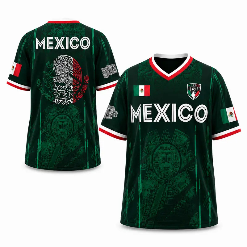 2026 Mexico soccer jersey—a retro-style shirt featuring a pattern of the Chichén Itzá pyramid
