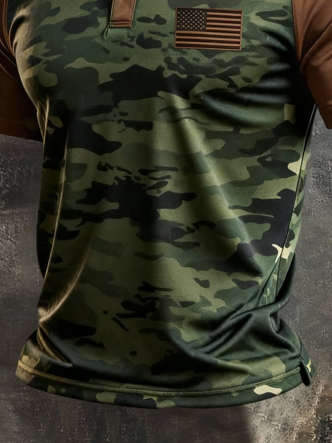 Men's Retro Patriotic Color-Block Short-Sleeve Polo Shirt