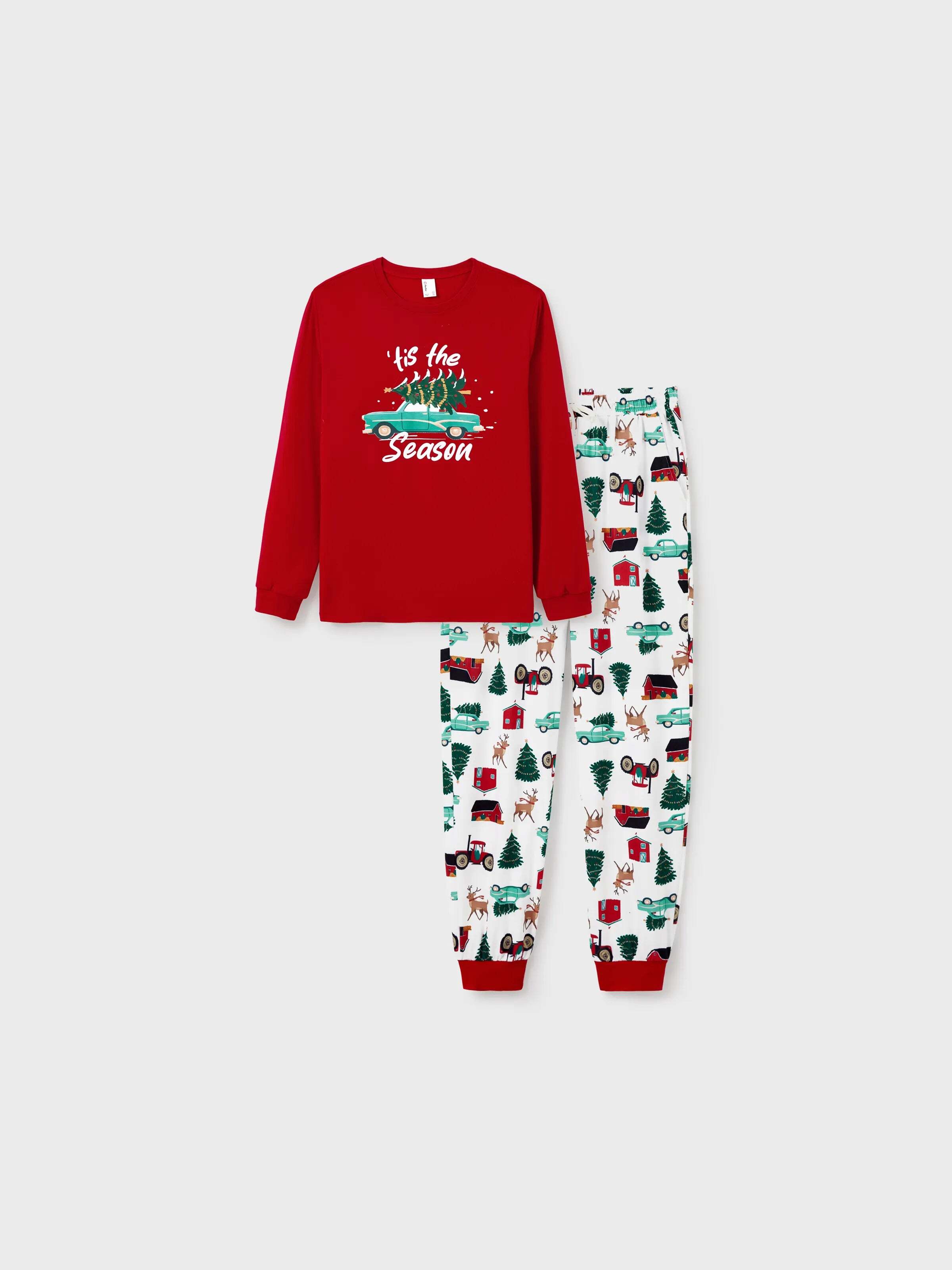 Christmas Matching Family Pajamas Set Reindeer and Car Print PJS with Christmas Socks Red