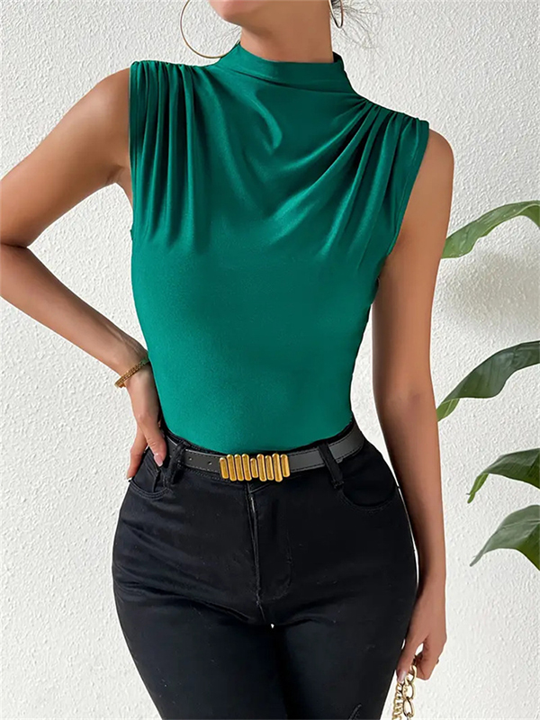 Pleated Solid Color Split-Joint Skinny Sleeveless High Neck Vest Top