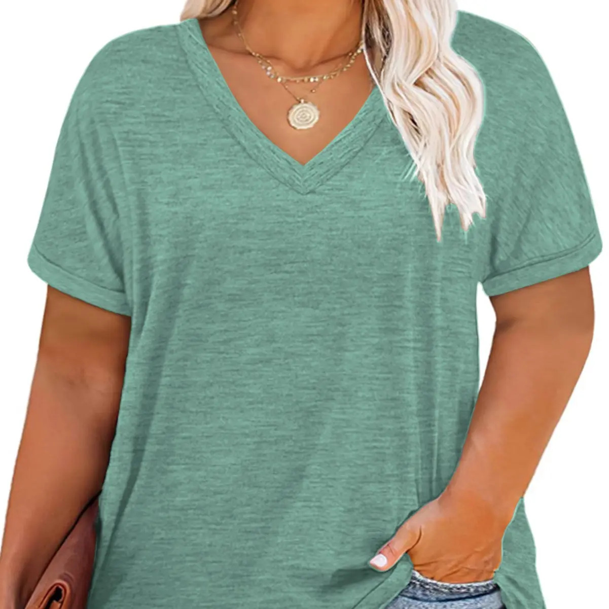 Women's Plus-Size V-Neck Short-Sleeve T-Shirt — Casual, Loose-Fit Summer Top — Soft, Breathable Basic Tee