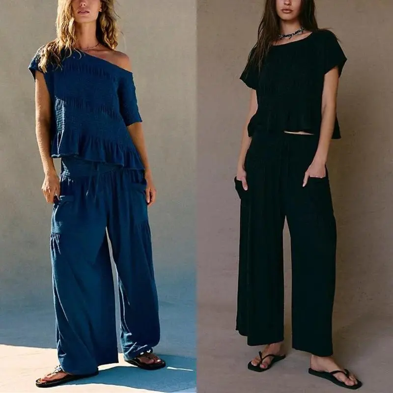 Womens 2 Piece Smocked Top Wide-Leg Pants Set