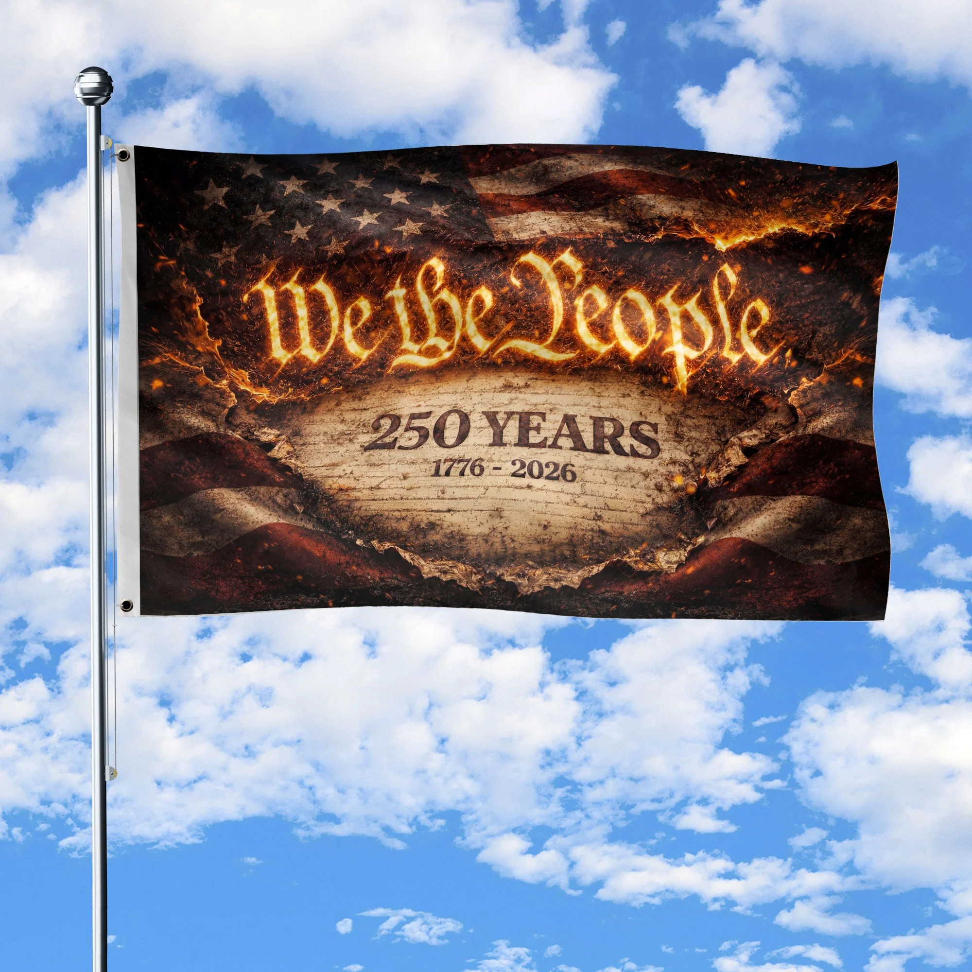 We The People 250 Years Flag 1776–2026 – Fire Style Patriotic Double