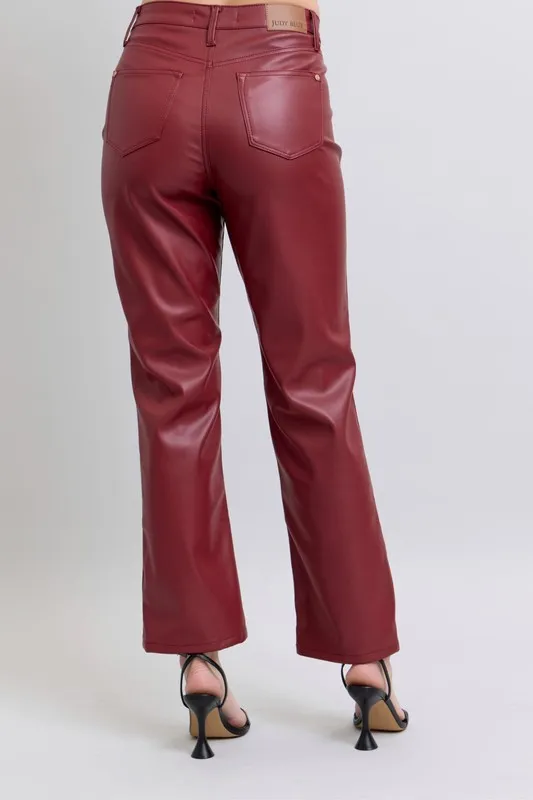 Blue Full Size High Waist Tummy Control Faux Leather Straight Pants Plus Size