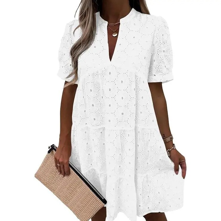 Women’s Eyelet Lace Summer Tunic Dress – Flowy V-Neck Babydoll Style