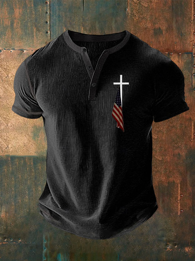 Women's Faith Cross American Flag Printed Waffle Top
