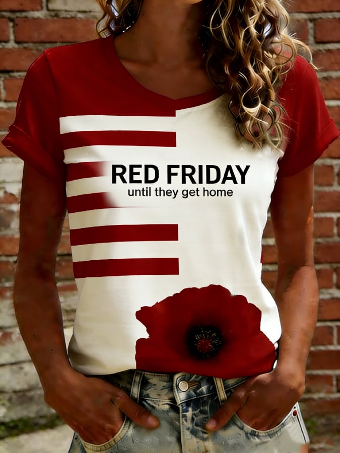 Women's Casual Red Friday Print Short-Sleeve T-Shirt