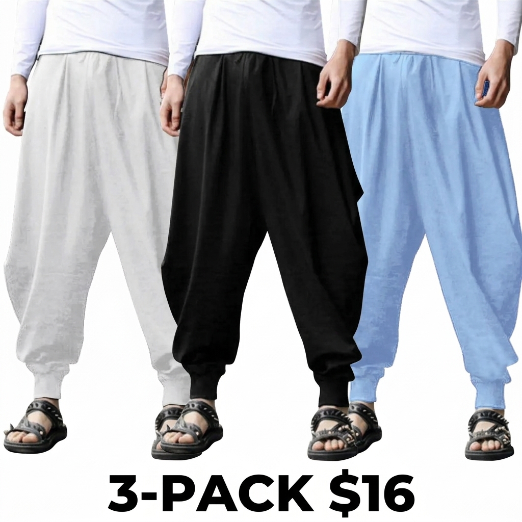 Men's Linen Harem Pants – Baggy Boho Yoga Drop Crotch Trousers with Pockets