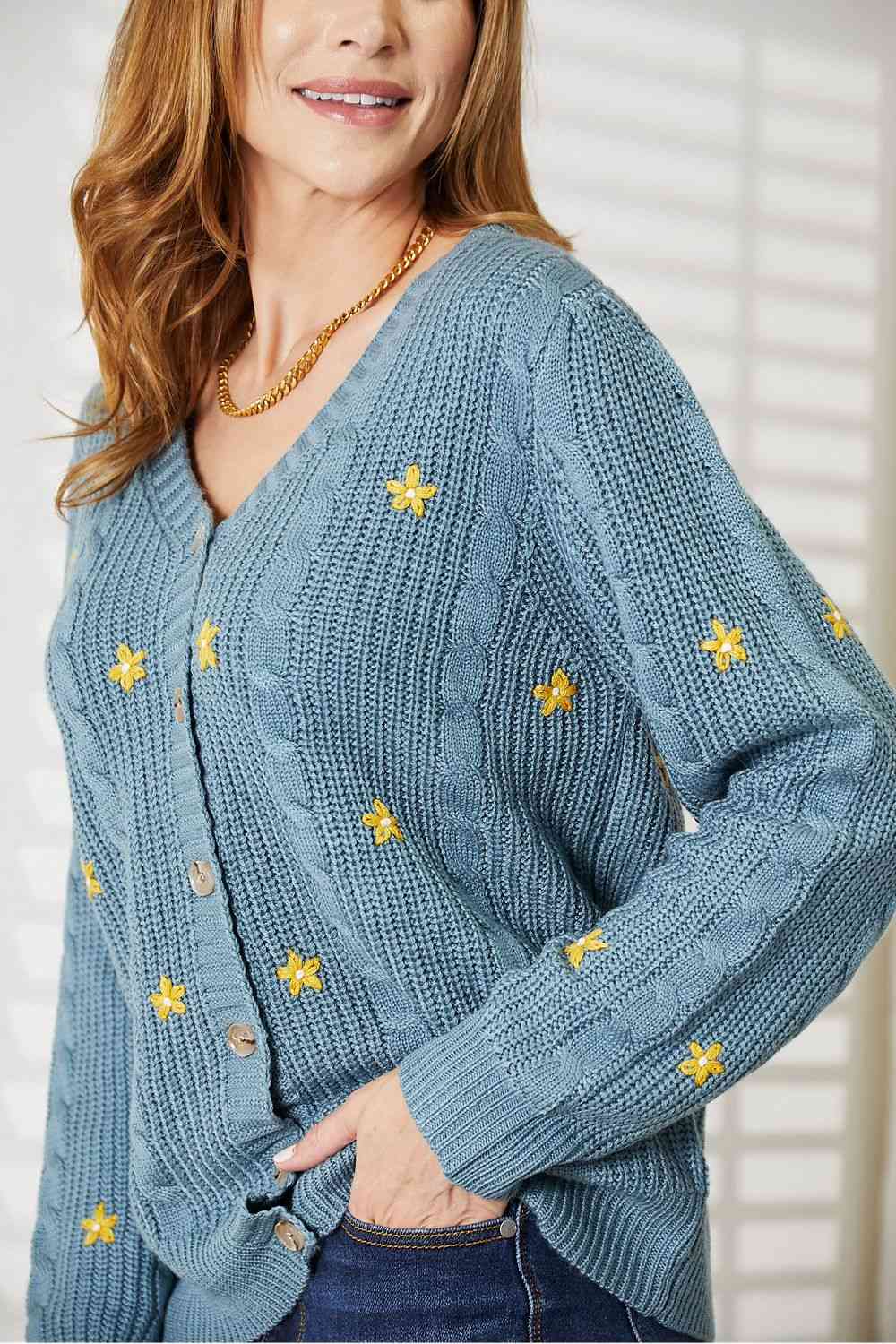 Full Size Floral Embroidered Cable Cardigan