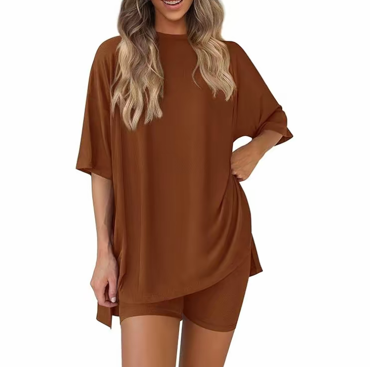 Women's Printed Casual Sporty Round Neck Drawstring Short Sleeve and Long Pants Two-Piece Set