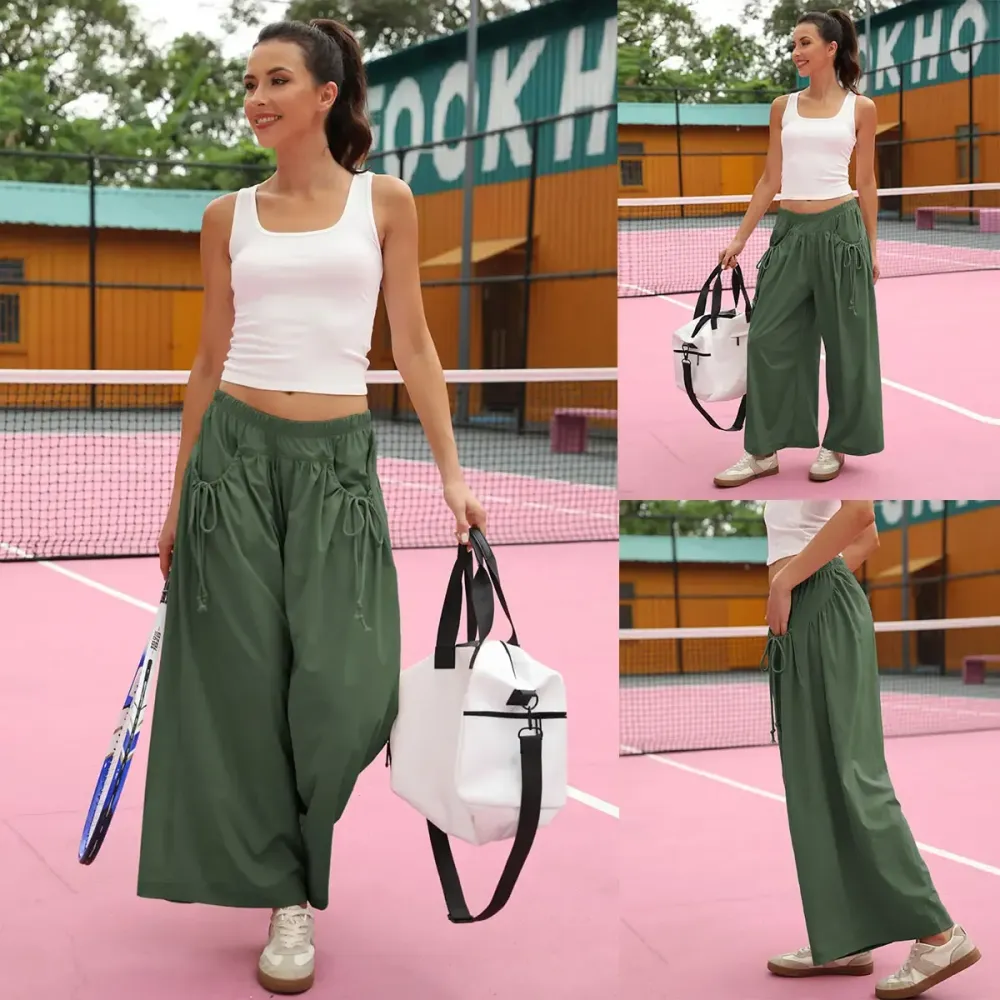 Women's Loose Wide Leg Track Pants Boho Sport Style Drawstring Pockets Elastic Waist Capri Hiking