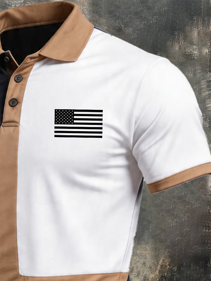 Men's Retro Patriotic Color-Block Short-Sleeve Polo Shirt