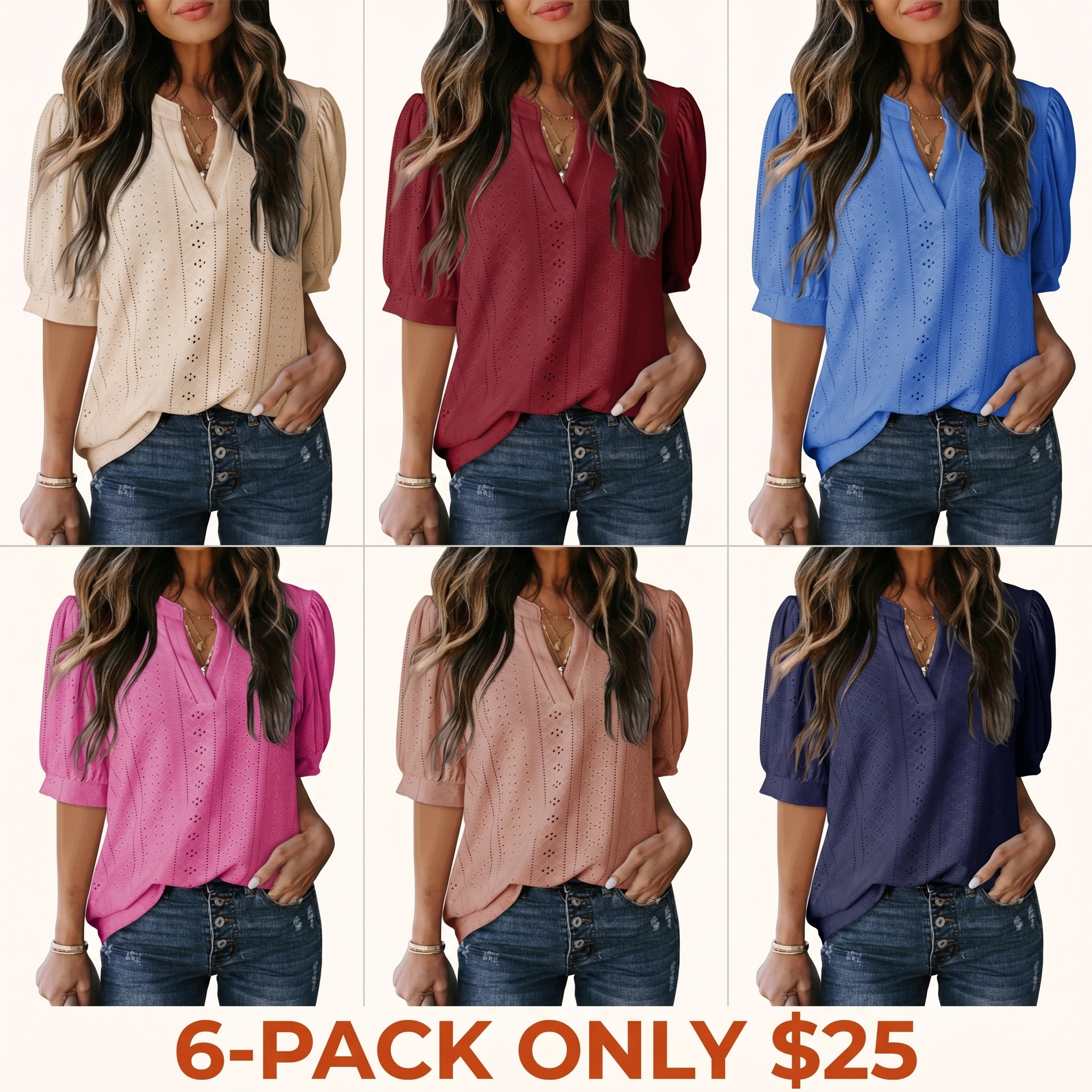 Women's Summer Business Casual Blouses V Neck Short Sleeve Shirts Hollow Out Cute Lace Tops Loose Fit Breathable Fabric