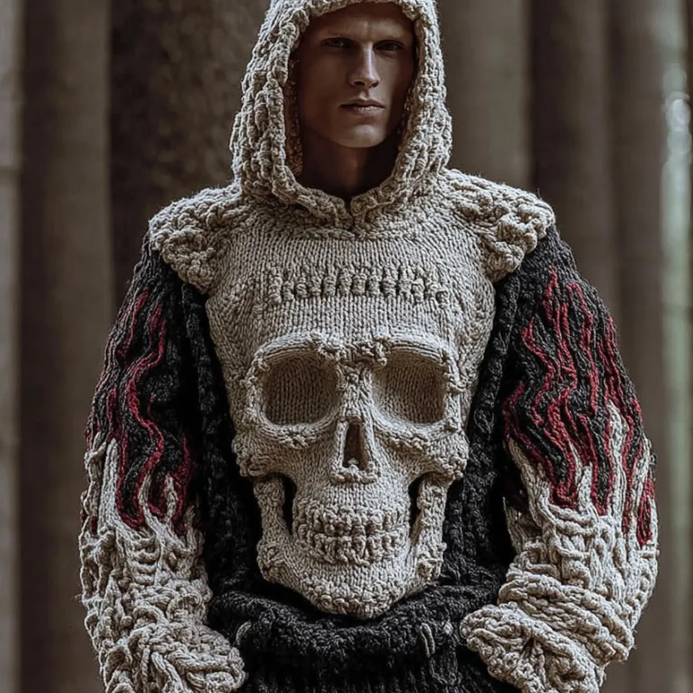 Man Halloween Big Skull Flame Ancient Hooded Sweater