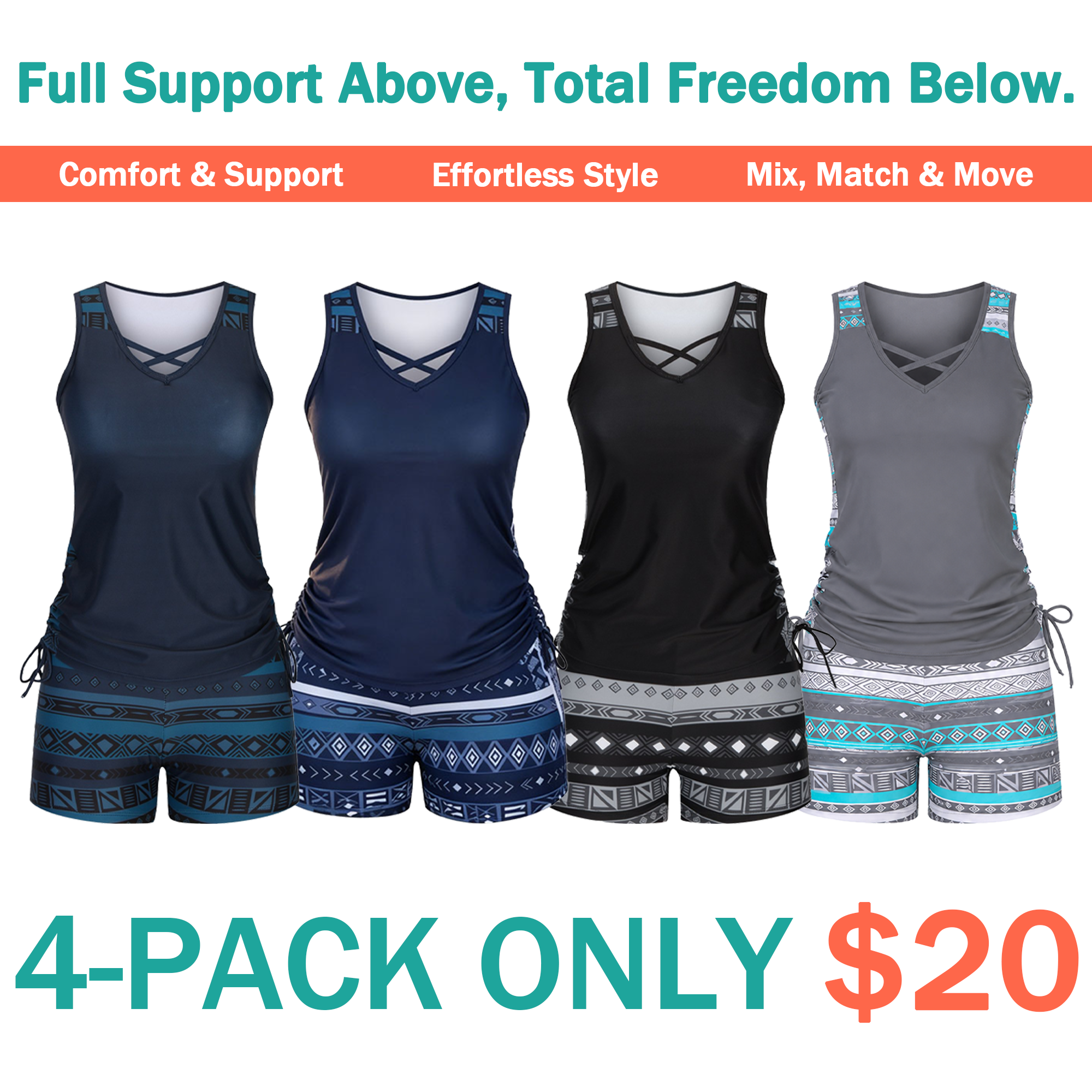 ⏰LAST DAY 90% OFF - Women's 2-Piece Tummy Control Tankini Set with Built-In Bra – Flattering Boho Swimwear with Shorts