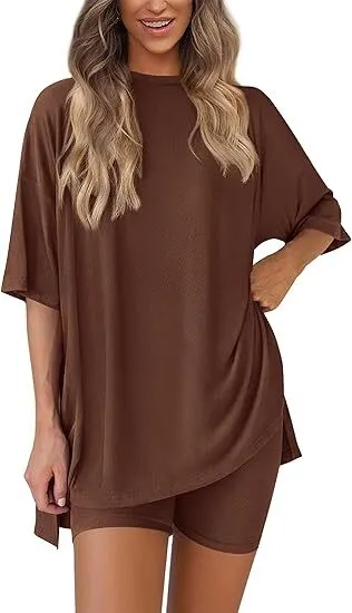 🔥Women's Two Piece Lounge Set 2026 Summer Casual Oversized Shirts Biker Shorts Matching Airport Travel Outfit