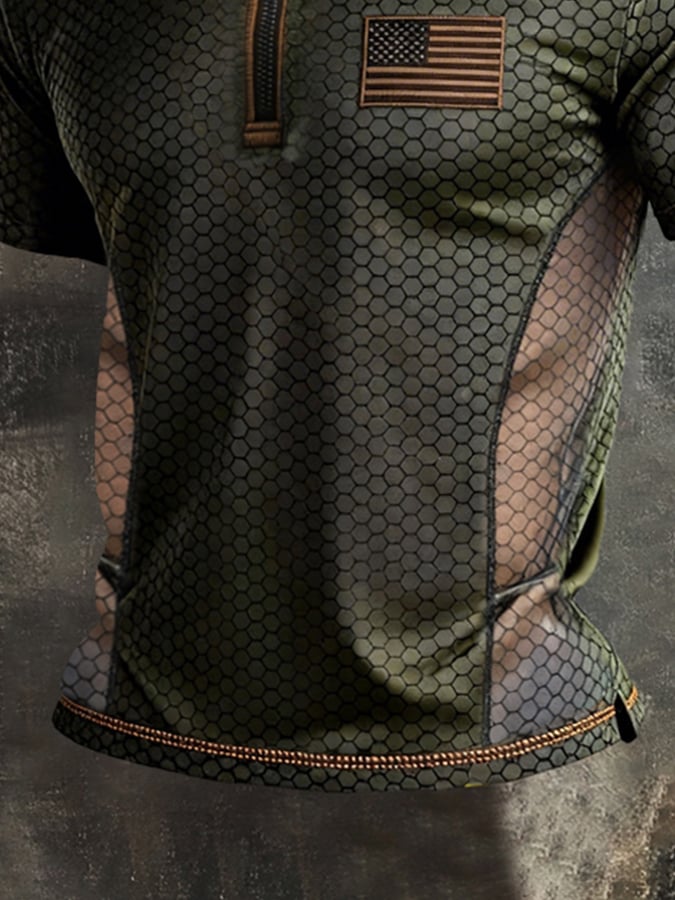 Men's Retro Color-Block Zip-Up T-Shirt