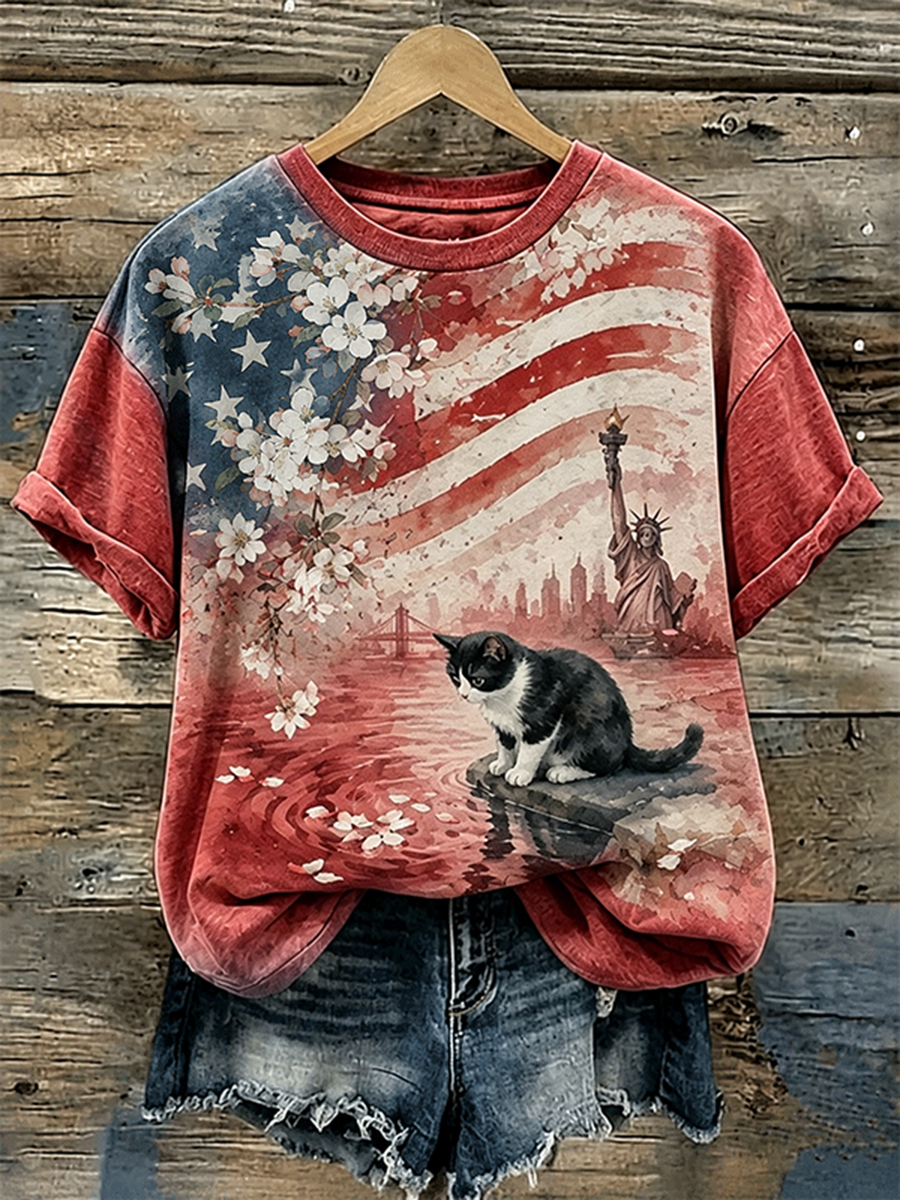 Women's Watercolor Cherry Blossom Cat Statue Of Liberty Distressed USA Flag Short Sleeve Tee