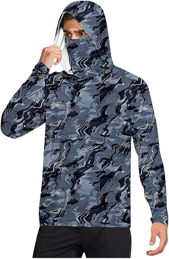 Long Sleeve Sun Shirt Men UPF 50+ Rash Guard Cooling Fishing Hoodies with Mask Casual Summer UV SPF Hiking Blouses