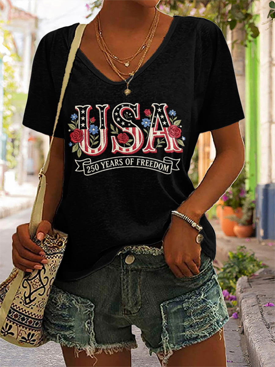 Women's USA Flower V-neck T-shirt
