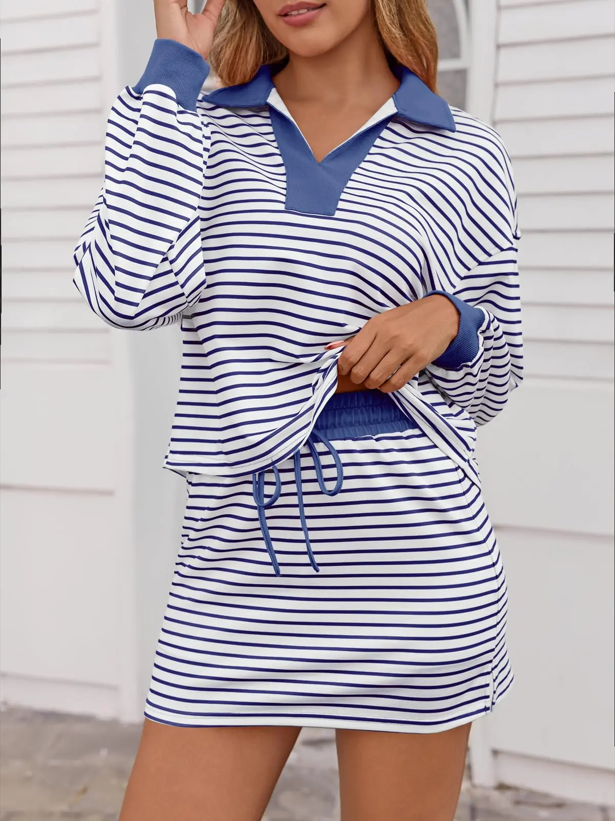 Striped 2 Piece Outfits Casual Sweatshirt Skirt Set Long Sleeve Skort Workout Set Matching Lounge Sets Women's Matching Sets