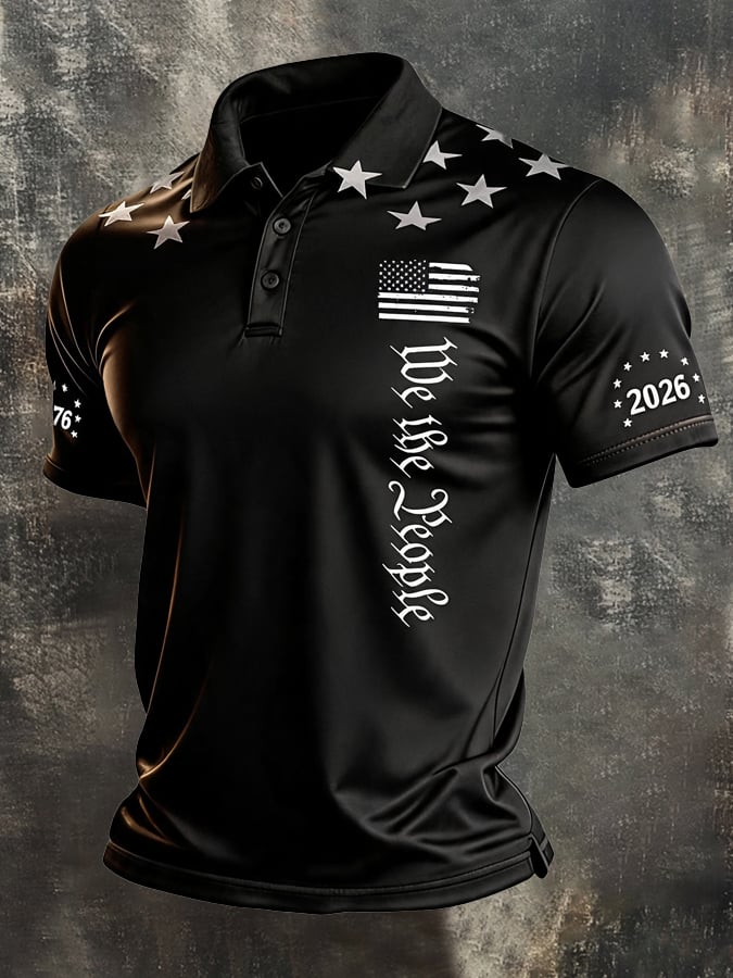 Men's Retro Patriotic Color-Block Short-Sleeve Polo Shirt